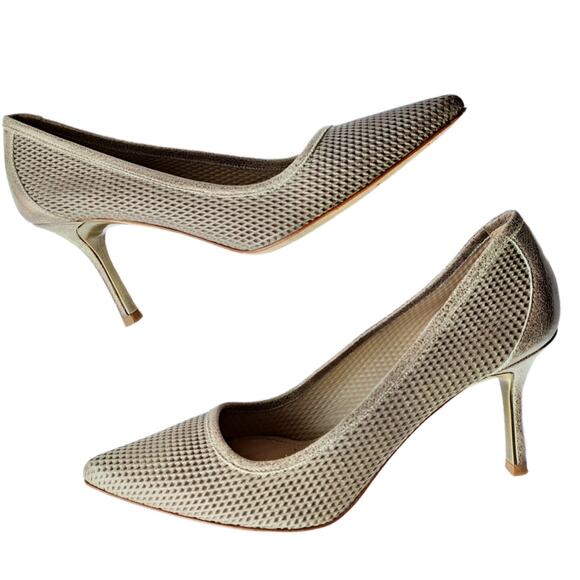 DONALD J PLINER Torin Platino Metallic Brush Off Leather Heels Women’s 8.5 Gold - Picture 3 of 10